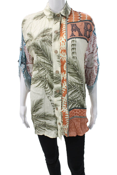 Agua Bendita Womens Multicolor Floral Tunic Button-Up 3/4 Sleeve Size S