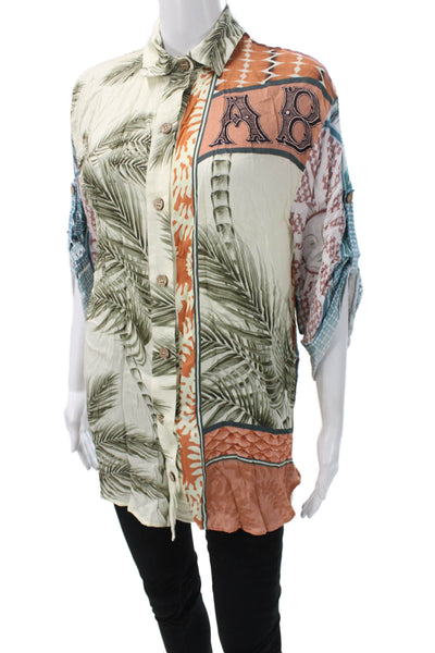 Agua Bendita Womens Multicolor Floral Tunic Button-Up 3/4 Sleeve Size S