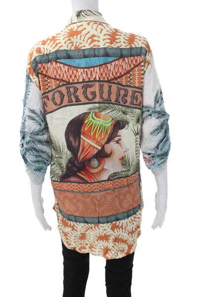 Agua Bendita Womens Multicolor Floral Tunic Button-Up 3/4 Sleeve Size S