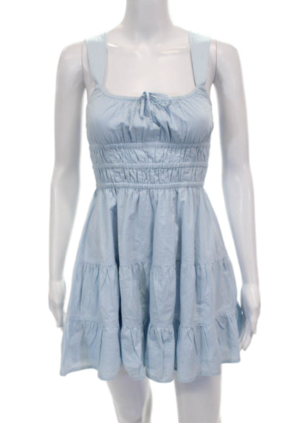 Sunday Best Women Sundress Blue Cotton Square Neck Sleeveless Short Size XS