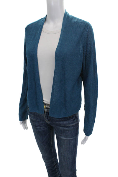 Eileen Fisher Women Cardigan Blue Organic Cotton Linen Round Neck Solid Size S
