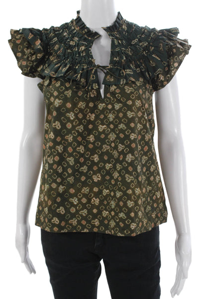 Ulla Johnson Womens Green High Neck Geometric Sleeveless Blouse Tie Size 2