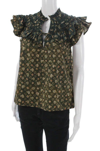 Ulla Johnson Womens Green High Neck Geometric Sleeveless Blouse Tie Size 2