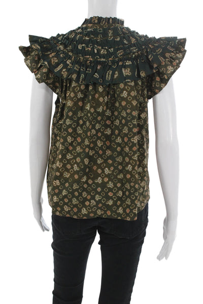 Ulla Johnson Womens Green High Neck Geometric Sleeveless Blouse Tie Size 2