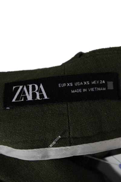 Zara Womens Cropped Linen Pants Green Zip Closure Size XS