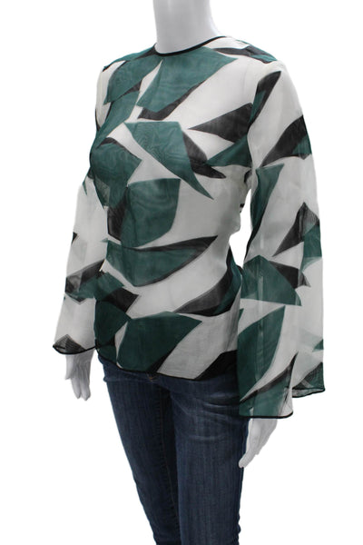 Theo Women Silk Geometric Basic Blouse Multicolor Pullover 3/4 Sleeve Size M