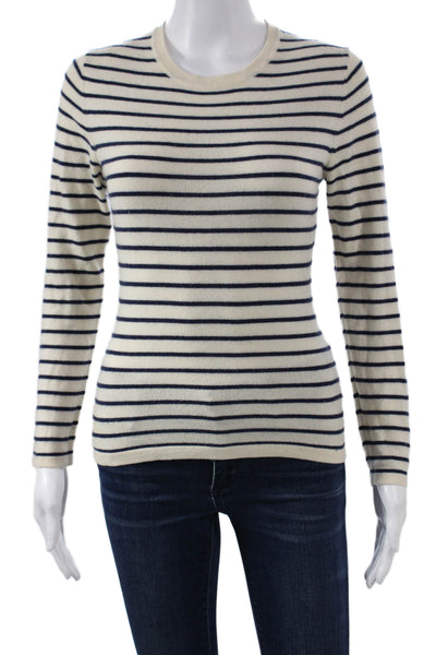 N.Peal Womens Cashmere Striped Crewneck Pullover Sweater Ivory Size XS