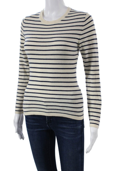 N.Peal Womens Cashmere Striped Crewneck Pullover Sweater Ivory Size XS