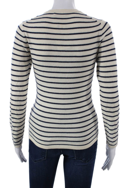 N.Peal Womens Cashmere Striped Crewneck Pullover Sweater Ivory Size XS