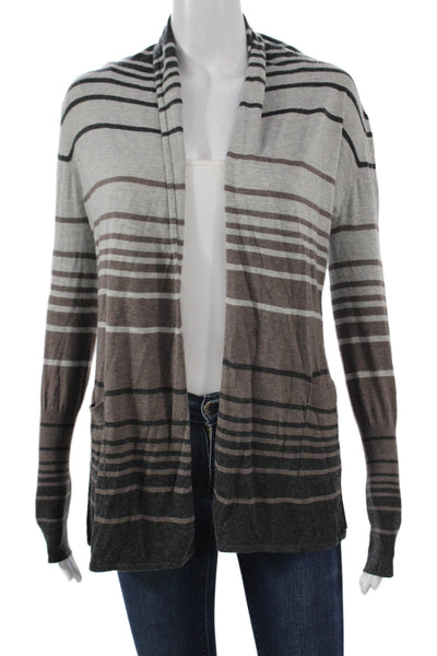 Kokun Women Gray Striped Bamboo Cardigan Sweater Round Neck Long Sleeve Size XS