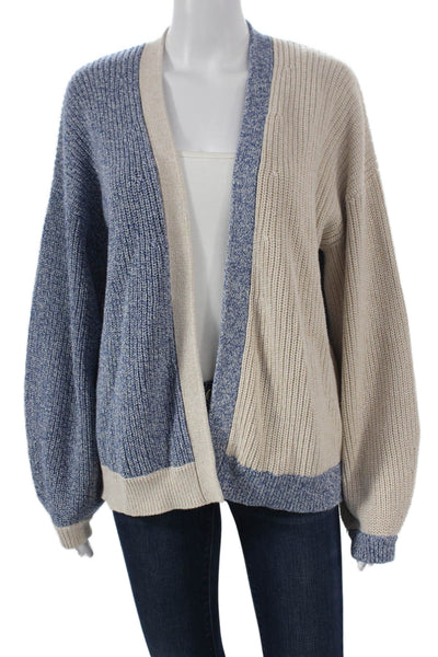 Intermix Women Cardigan Blue Cotton Geometric Round Neck Long Sleeve Size S