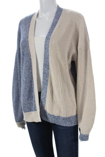 Intermix Women Cardigan Blue Cotton Geometric Round Neck Long Sleeve Size S