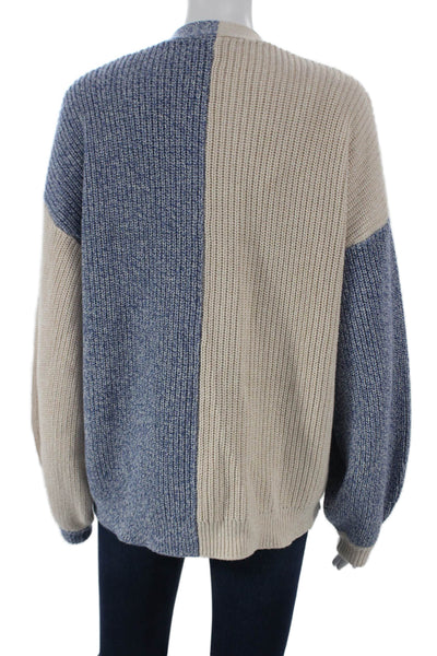 Intermix Women Cardigan Blue Cotton Geometric Round Neck Long Sleeve Size S