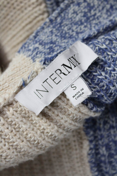 Intermix Women Cardigan Blue Cotton Geometric Round Neck Long Sleeve Size S