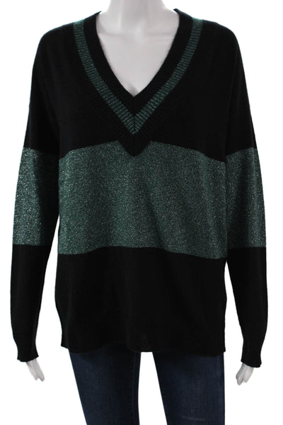 Repeat Womens Cashmere V-Neck Striped Sweater Black Long Sleeve Size 2XS