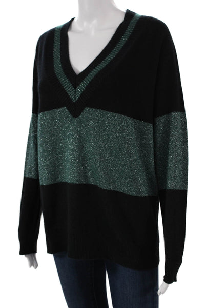 Repeat Womens Cashmere V-Neck Striped Sweater Black Long Sleeve Size 2XS