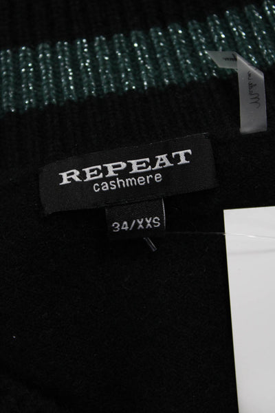 Repeat Womens Cashmere V-Neck Striped Sweater Black Long Sleeve Size 2XS