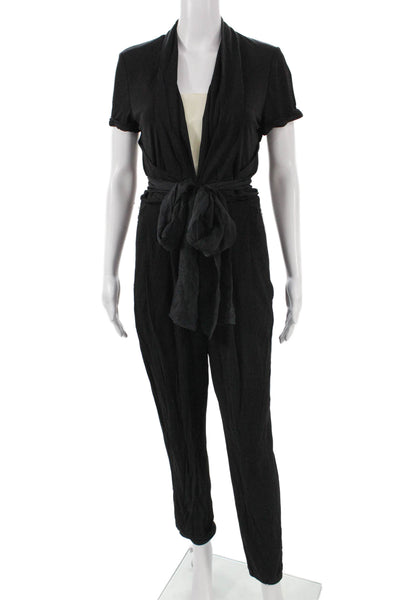 Elie Tahari Women Black V-Neck Short Sleeve Jumpsuit Tie Viscose Size 4