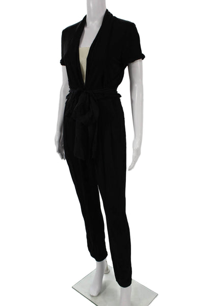 Elie Tahari Women Black V-Neck Short Sleeve Jumpsuit Tie Viscose Size 4