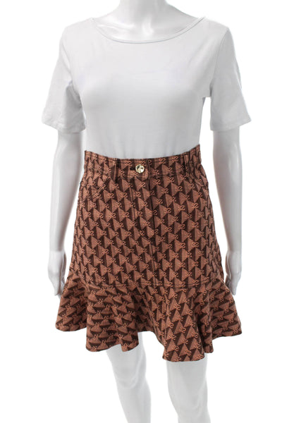 Sandro Womens Knee Length Flare Skirt Brown Geometric Polyester Button Size 36