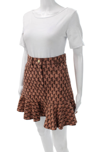 Sandro Womens Knee Length Flare Skirt Brown Geometric Polyester Button Size 36