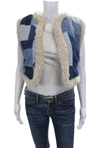 Sea Women Denim Blue Geometric V-Neck Sleeveless Vest Fall Size 2XS