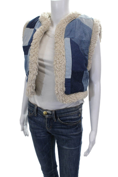 Sea Women Denim Blue Geometric V-Neck Sleeveless Vest Fall Size 2XS