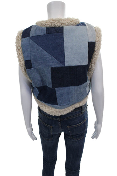 Sea Women Denim Blue Geometric V-Neck Sleeveless Vest Fall Size 2XS