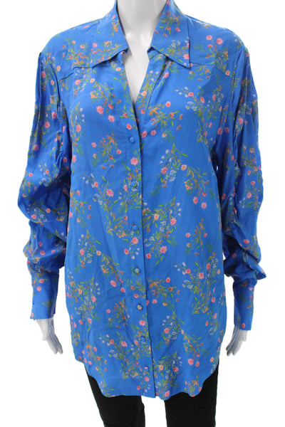Steele Women Tunic Button-Up Floral Rayon Collared Long Sleeve Blue Size XS