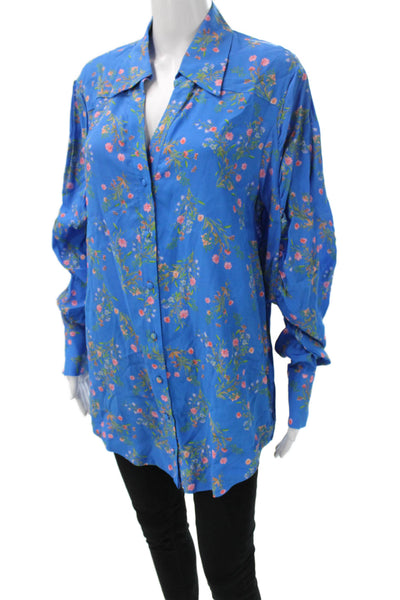 Steele Women Tunic Button-Up Floral Rayon Collared Long Sleeve Blue Size XS
