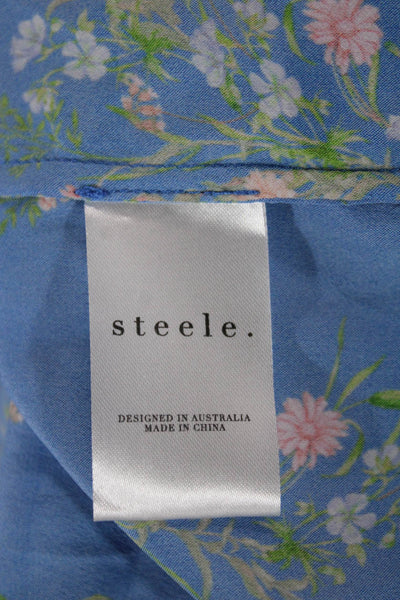 Steele Women Tunic Button-Up Floral Rayon Collared Long Sleeve Blue Size XS