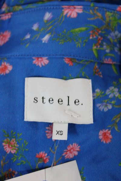 Steele Women Tunic Button-Up Floral Rayon Collared Long Sleeve Blue Size XS