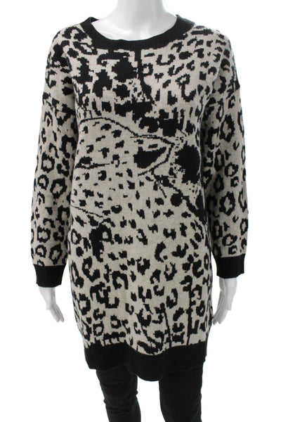 DKNY Womens Tunic Sweater Black Wool Crew Neck Long Sleeve Animal Print Size S