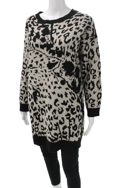 DKNY Womens Tunic Sweater Black Wool Crew Neck Long Sleeve Animal Print Size S