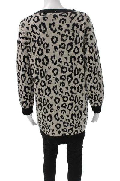 DKNY Womens Tunic Sweater Black Wool Crew Neck Long Sleeve Animal Print Size S