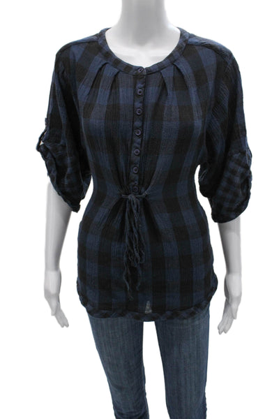 DKNY Jeans Women Tunic Blue Plaid Cotton 3/4 Sleeve Round Neck Button Size S