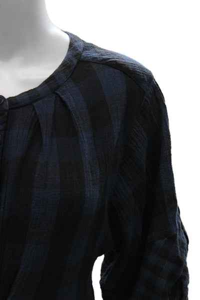DKNY Jeans Women Tunic Blue Plaid Cotton 3/4 Sleeve Round Neck Button Size S