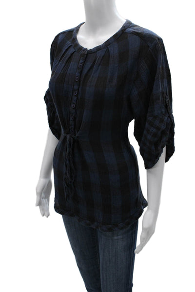 DKNY Jeans Women Tunic Blue Plaid Cotton 3/4 Sleeve Round Neck Button Size S