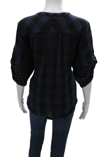 DKNY Jeans Women Tunic Blue Plaid Cotton 3/4 Sleeve Round Neck Button Size S