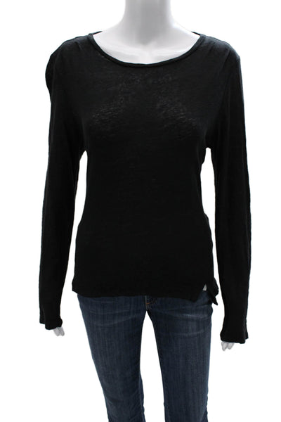 Frame Shirt Womens Basic T-Shirt Black Linen Long Sleeve Round Neck Size M