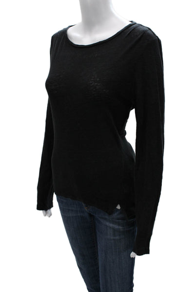 Frame Shirt Womens Basic T-Shirt Black Linen Long Sleeve Round Neck Size M