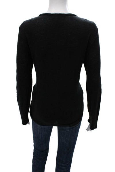 Frame Shirt Womens Basic T-Shirt Black Linen Long Sleeve Round Neck Size M