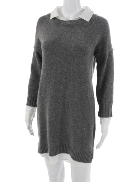 Brochu Walker Women Sweater Dress Wool Gray Long Sleeve Crew Neck Short Size XS