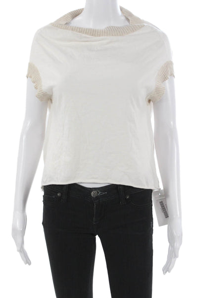 Gary Graham Women White Cowl Neck Short Sleeve Cotton Tee Petite Size S