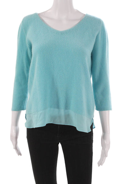 Neiman Marcus Women Blue Cashmere V-Neck Pullover 3/4 Sleeve Solid Size S