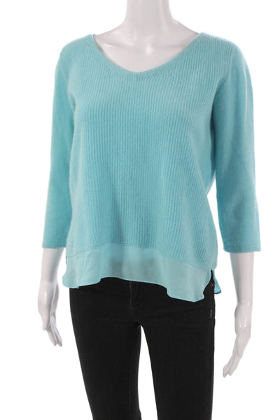 Neiman Marcus Women Blue Cashmere V-Neck Pullover 3/4 Sleeve Solid Size S