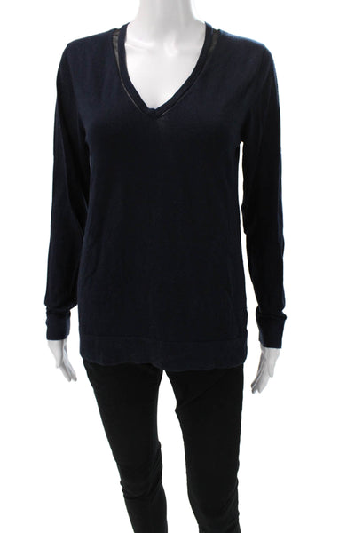 Saks Fifth Avenue Women Silk V-Neck Pullover Sweater Blue Long Sleeve Size L