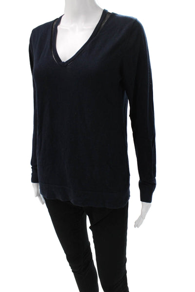 Saks Fifth Avenue Women Silk V-Neck Pullover Sweater Blue Long Sleeve Size L