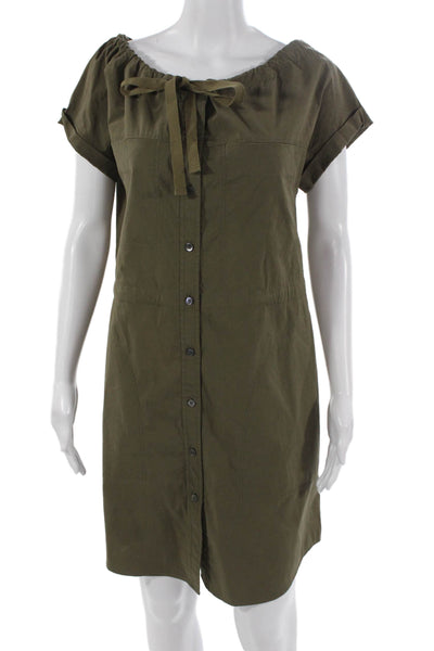 Theory Women Green Cotton Shirt Dress Boat Neck Short Sleeve Knee Length Size S