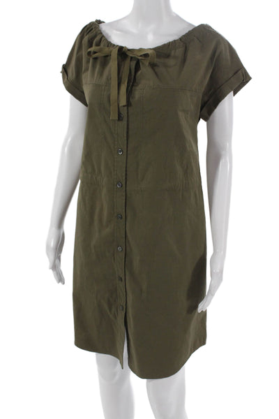 Theory Women Green Cotton Shirt Dress Boat Neck Short Sleeve Knee Length Size S